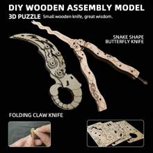 1把木質3d蝴蝶摺疊爪式切割拼圖diy拆包玩具木質爪式組件模型木質拼圖玩具蝴蝶刀模型摺疊刀 - 棕色 - 查看 5