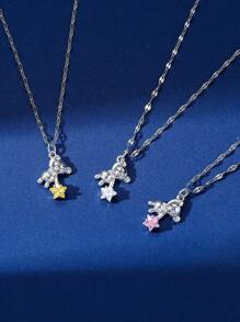 1pc European & American Style Classic Three Color Options Copper Teddy Bear Pendant With Stainless Steel Chain Necklace, Suitable For Women's Daily Wear - Pink - View 1