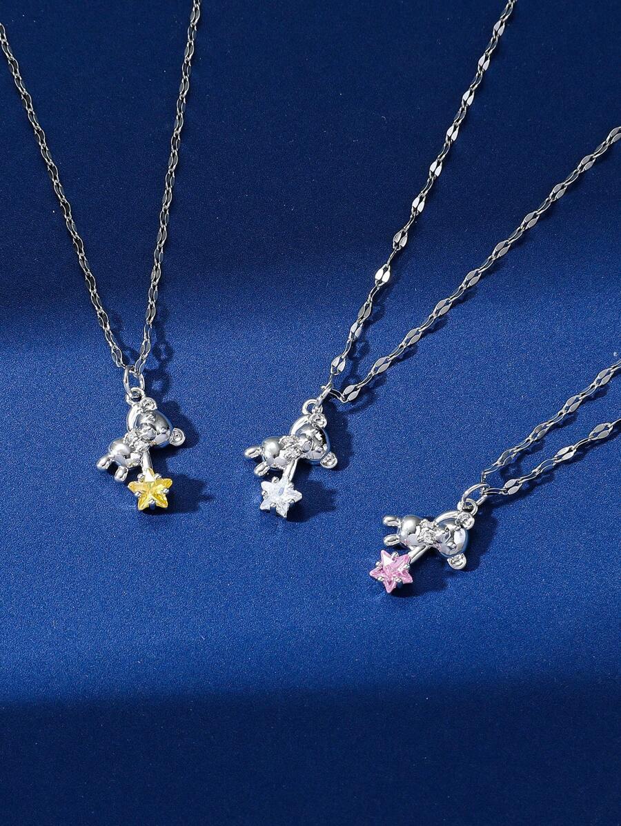 1pc European & American Style Classic Three Color Options Copper Teddy Bear Pendant With Stainless Steel Chain Necklace, Suitable For Women's Daily Wear - Pink - View 1