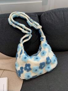 Fashionable Plush Shoulder Crossbody Bag With High Capacity, Multicolor Plush Flower Embroidery, Adjustable Strap - Multicolor - View 6