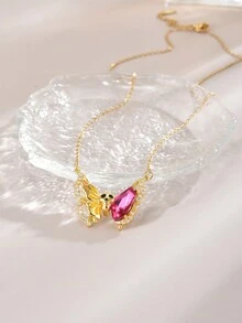 1個時尚蝴蝶吊墜不鏽鋼項鍊,女性日常佩戴 - 金色 - 查看 3