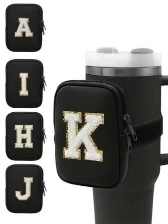 1 件 40 盎司水瓶便携式钥匙手机包带首字母，休闲黑色臂腕迷你包，冰水杯健身房小拉链储物袋收纳配件适用于跑步户外运动（不包括水瓶）