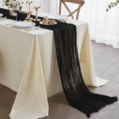 1pc Black Cheese Cloth Table Runner, Bohemian Sheer Chiffon Table Runner, Transparent Table Topper For Baby Shower, Wedding, Birthday Party Table Decor