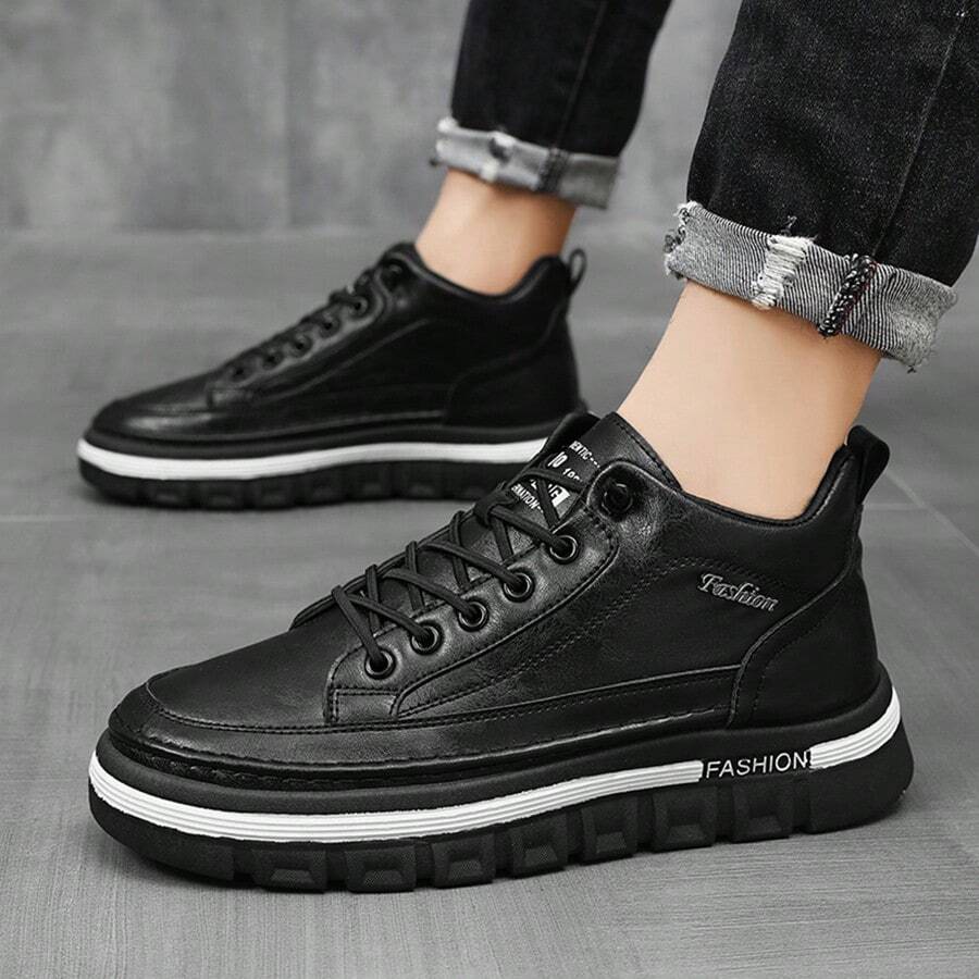 男士高帮运动鞋时尚纯色防滑耐磨厚底增高春秋季 - 黑色 - 查看 1