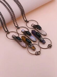 KEJIALAI Clear Quartz Stick Point Pendants Necklace,Welded Antique Copper Natural Quartz Column Necklace,Plated Bronze Copper Red Green Crystal Embellishment - Yellow Tiger Eye Stone - View 2