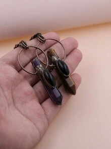 KEJIALAI Clear Quartz Stick Point Pendants Necklace,Welded Antique Copper Natural Quartz Column Necklace,Plated Bronze Copper Red Green Crystal Embellishment - Yellow Tiger Eye Stone - View 6