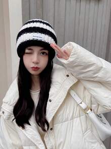1件女士時尚多色厚針織帽子,適用於秋冬日常穿著 - 米色 - 查看 3