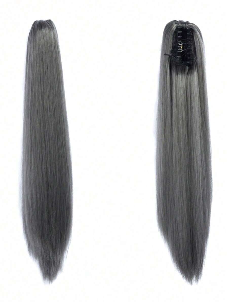 22英寸耐热合成长直马尾假发，爪夹式，自然波浪金色马尾假发，适合女性日常及派对佩戴 - 灰色 - 查看 1