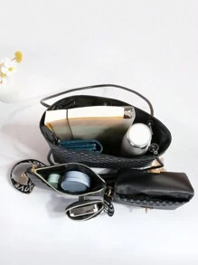 时尚黑钻石网格包包套装！包括手提包、单肩斜挎包、配套链条，百搭设计适合各种场合！ - 黑色 - 查看 5