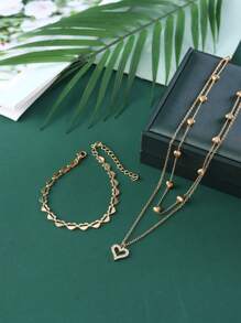 1套2件復古和簡約風格的合金心形吊墜項鍊和手鐲,適合女性約會或派對,生日、週年紀念禮物 - 金黃色 - 查看 11