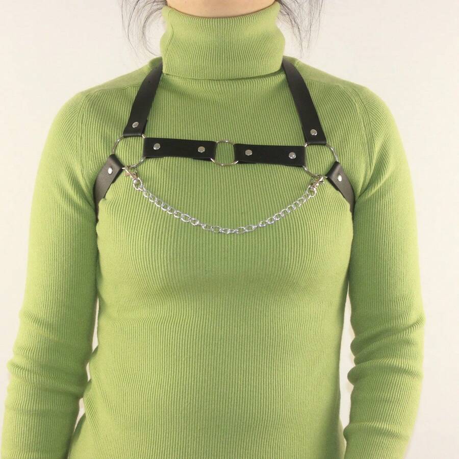 1件中性款皮革鏈吊帶,適用於酒吧、夜店和日常穿著 - 黑色 - 查看 1