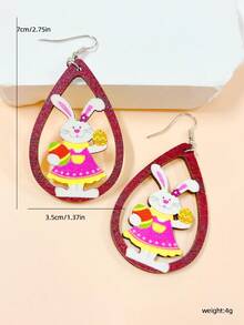 1pair Easter Wooden Tear Drop Shape Animal Cut-Out Earrings With Cartoon Flowers, Colored Easter Eggs, Carrot Patterned Apron, And Printed Rabbit Design Earrings. A Festive Seasonal Gift For Girlfriend To Be Worn In Parties And Street Activities. - Multicolor - View 5