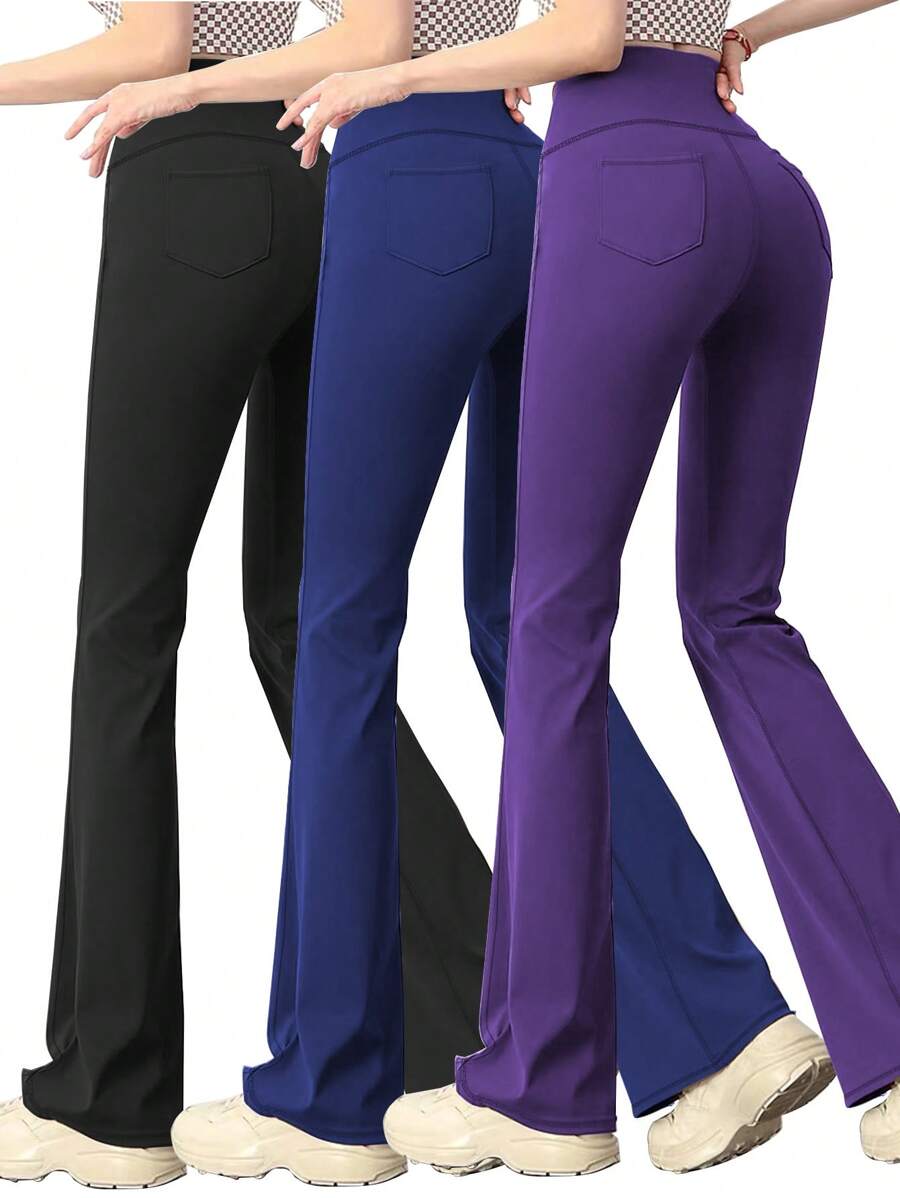 3 件大码高腰口袋休闲运动喇叭紧身裤