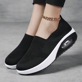 New Athletic Casual Fashionable Square Dance Dancing Shoes With Comfortable Slip-On Design, Breathable Fabric, Thick Cushion Sole And Air Cushion Height Increase, Plus-Size Cross-Border Women's Shoes