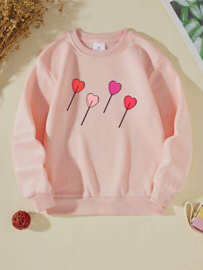 Young Girl Heart Lollipop Print Fleece Pullover