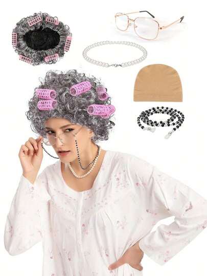 Old Lady Wig COS GRANDMA Short Curly Hair GRANDPA Middle-Aged And Elderly Sketch Dress Up Suit,Grandma Cosplay Set Funny Old Lady Dress Up Set With Wig Caps Pearl Necklace Eye Glasses Chain Realistic Granny Costume Wig Old Lady Costume Set For Halloween Masquerade Old Woman Wig