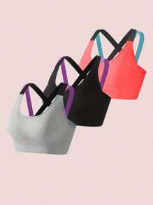 3 件組女運動胸罩帶交叉肩帶和背部支撐,防震無鋼圈 - 彩色 - 查看 1