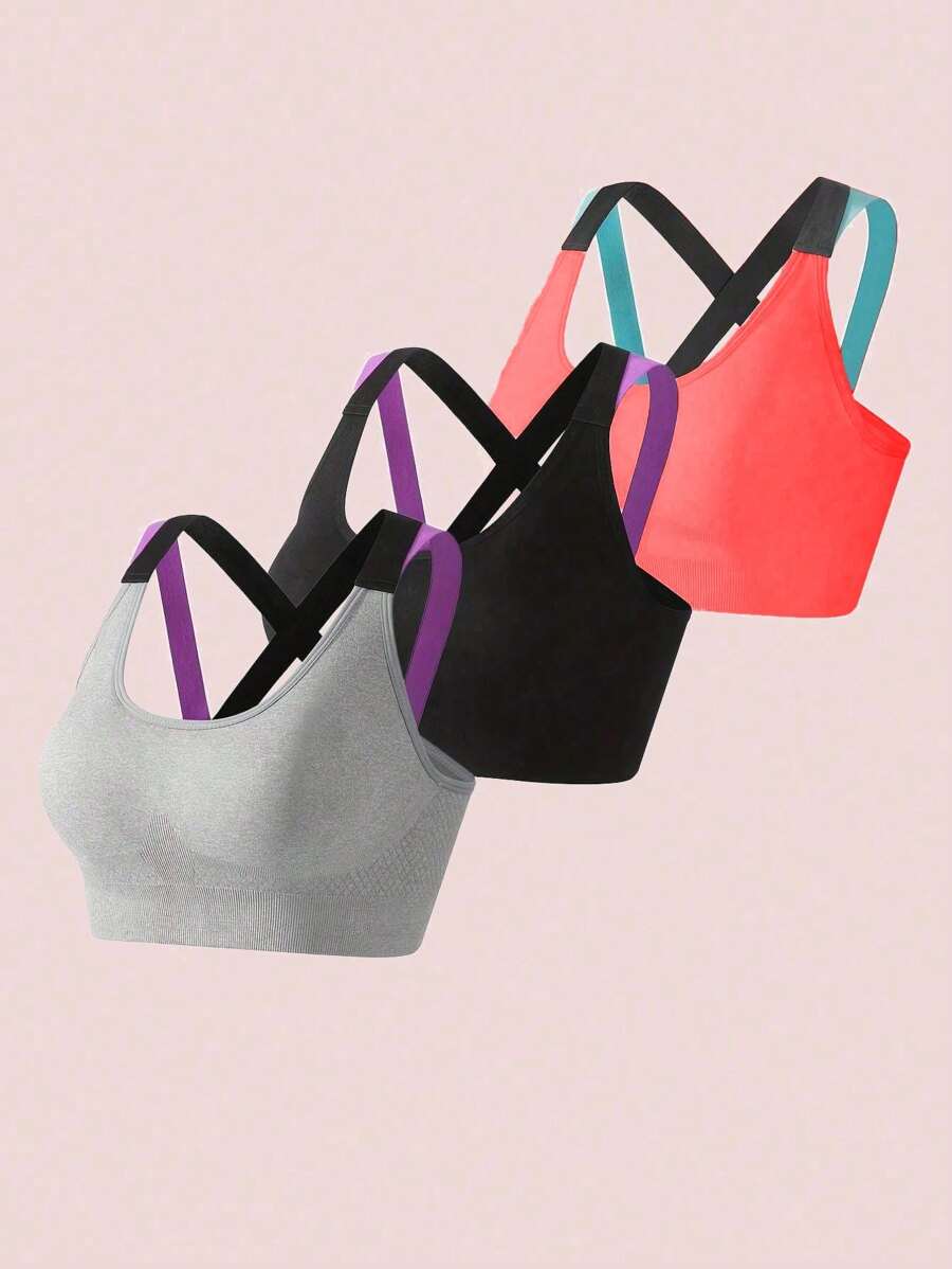 3 件組女運動胸罩帶交叉肩帶和背部支撐,防震無鋼圈 - 彩色 - 查看 1