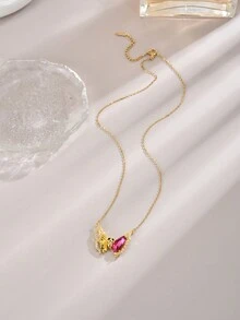 1個時尚蝴蝶吊墜不鏽鋼項鍊,女性日常佩戴 - 金色 - 查看 4