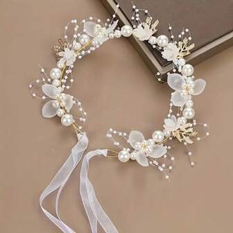 Faux Pearl & Flower Beaded Headband For Bride With Beautiful Floral Wreath Design, Thin Veil, Hair Accessories For Wedding Boho Bow Tiara