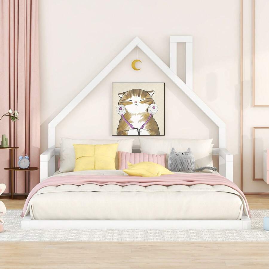 Full Size Wood Floor Bed With House-Shaped Headboard, White - White - View 1