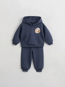 MARC&JANIE 2pcs/Set Young Boys Casual Cartoon Bear Pattern Hoodie And Pants Sports Suit, Spring - Navy Blue - View 2