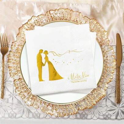 20 Pcs, 2-Ply Wedding Napkins Cocktail Mr & Mrs Beverage Paper Napkins For Reception Decorations Bridal Shower Engagement Party, Cake Dessert Table Supplies Golden Couple With Heart 6.5x6.5inch,Christmas