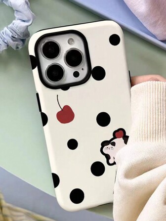 1pc 2-In-1 Film Cover With Black Dot & Cartoon Cat Pattern Phone Case Compatible With IPhone