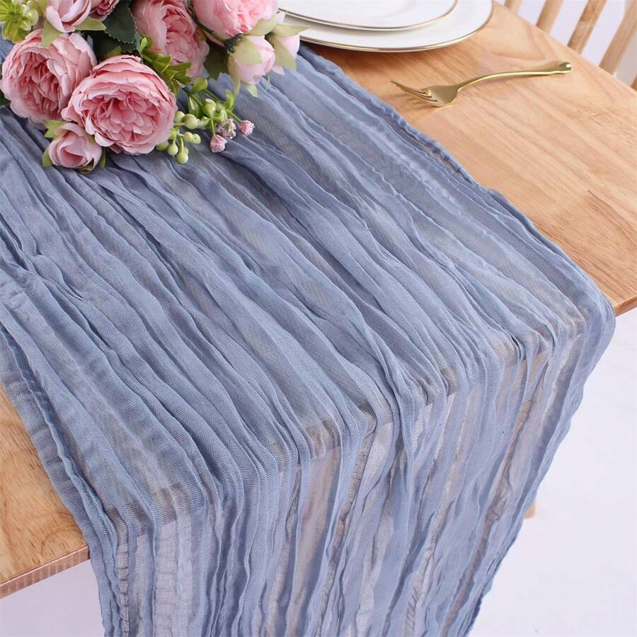 1件朦胧蓝雪纺桌布，波西米亚风薄纱桌旗，透明薄纱桌旗，适合婚礼新娘生日派对餐桌装饰