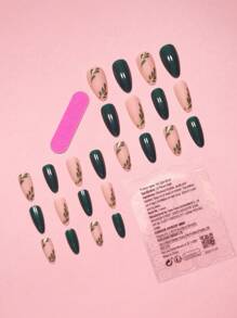 Instantly Upgrade Your Look, With 24Pcs Long Almond Two Tone With Green Solid Leaf Pattern Full Cover False Nail, For Women And Girls Press On Nails Nail Supplies Nails - Multicolor - View 5