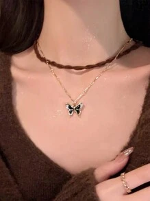 2入組meradi甜美酷風格雙層滴水蝴蝶項鍊,扭結韓國絲絨領圈配黑色油滴吊墜,女士專用 - 咖啡棕 - 查看 3
