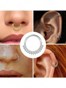Titanium Nose Ring, Rhinestone Studded Circular Nose Loop With Welding Bead On The Side, Implantable G23 Titanium Alloy Cartilage Diaphragm Ear Hook, Body Piercing Jewelry With Stainless Steel Studded Spiral Shell, Width 8/10/12mm - Silver - View 1