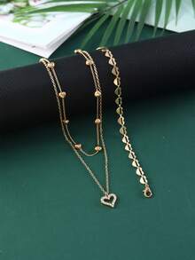 1套2件復古和簡約風格的合金心形吊墜項鍊和手鐲,適合女性約會或派對,生日、週年紀念禮物 - 金黃色 - 查看 1