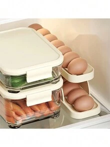 1入組雞蛋自動出料器,自動卷 2 層蛋盤,可放冰箱的雞蛋收納盒,塑料雞蛋籃,保鮮整理用品,廚房收納配件 - 米色 - 查看 4