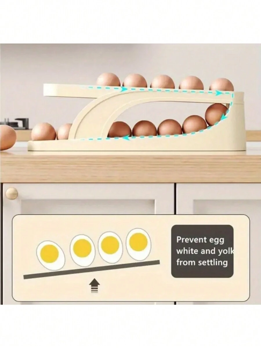 1入組雞蛋自動出料器,自動卷 2 層蛋盤,可放冰箱的雞蛋收納盒,塑料雞蛋籃,保鮮整理用品,廚房收納配件 - 米色 - 查看 1