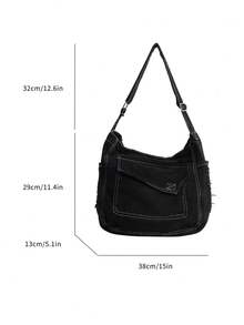 女士复古风格单肩包和斜挎包，带有做旧细节，容量大，适合日常休闲、购物、旅行 - 黑色 - 查看 6