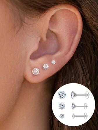 Newsoul 3 Par/Set Mode Söt S925 Sterling Silver cubic zirconia örhängen För Kvinnor Flickor Present Fina Smycken Dating Party Present