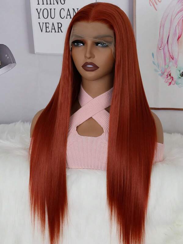 13*4 Copper Red Synthetic Lace Front Wig For Women Long Straight Super