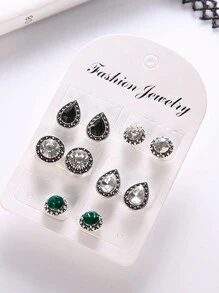 5pairs Bohemian Style Vintage Imitation Gemstone Crystal Teardrop Shaped Women Stud Earrings Set