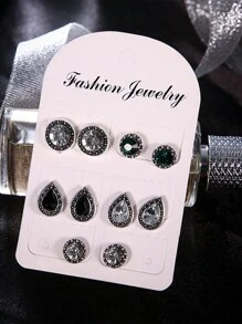 5pairs Bohemian Style Vintage Imitation Gemstone Crystal Teardrop Shaped Women Stud Earrings Set
