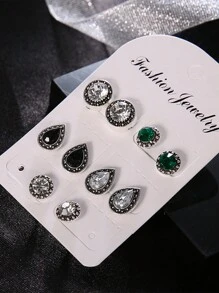 5pairs Bohemian Style Vintage Imitation Gemstone Crystal Teardrop Shaped Women Stud Earrings Set