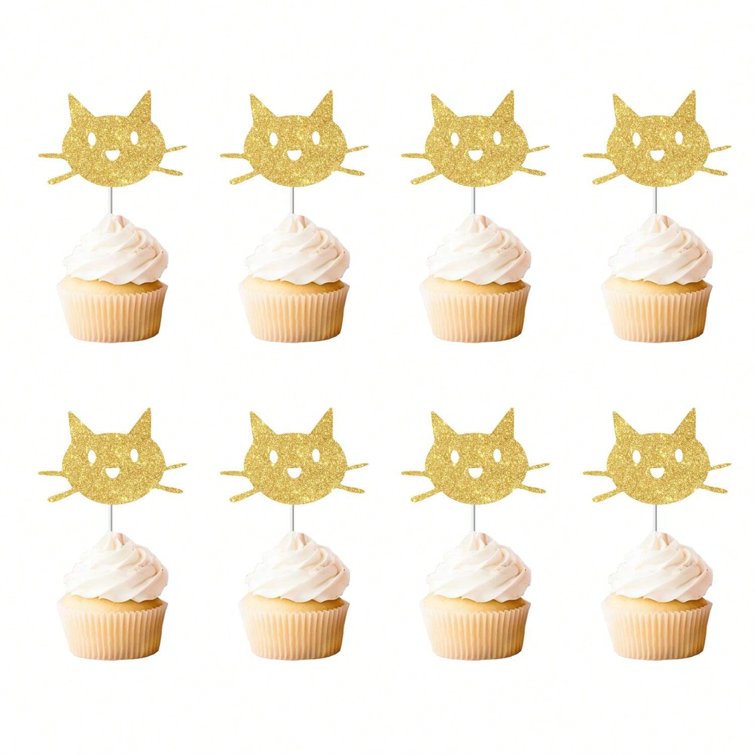 12PCS Gold Cat Cake Topper, Birthday Party Decoration, Cake Decoration