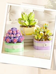 可組裝積木花束,包括向日葵,薰衣草和其他假花朵,可愛的植物盆栽用於辦公桌裝飾,創意女生禮物 - 杏色 - 查看 4