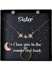 4 件金色時尚銅鑲嵌水鑽設計項鍊、戒指、耳環套裝帶星星、月亮、心形細節,包括賀卡,盒裝,情人節的理想禮物,情侶、姐妹、最好的朋友 - 金黃色 - 查看 12