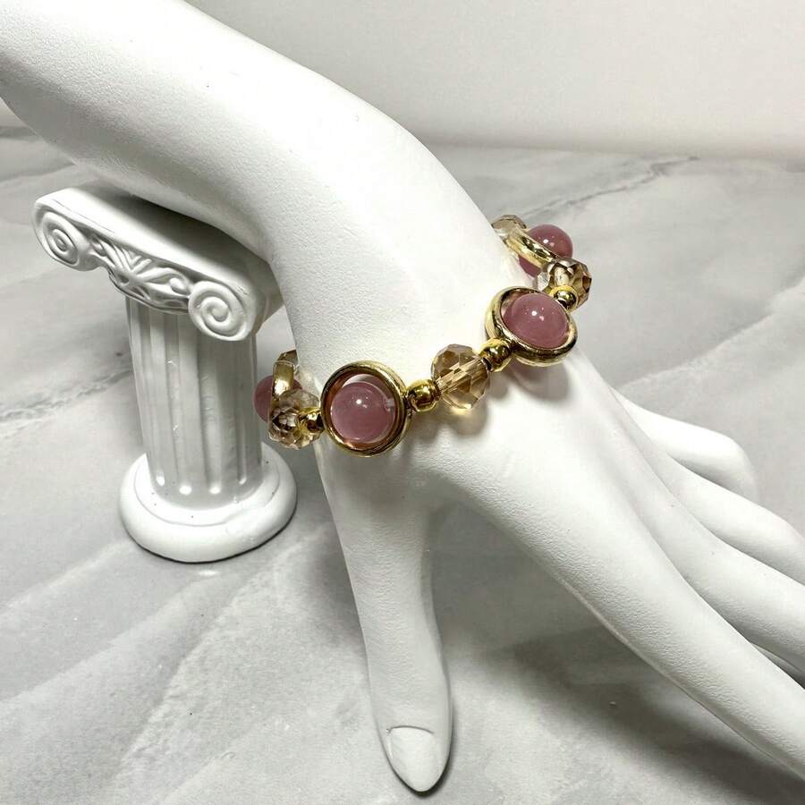 1入時尚石英貓眼珠串珠手鍊,適合女性日常佩戴 - 粉色 - 查看 1