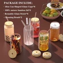 6pcs Glass Cups With Bamboo Lids And Glass Straws, 16oz Glasses Can Shaped Glass Cups, Clear And Cute Tumbler Cup, Ideal For Whiskey, Cocktail, Iced Coffee Gift- 2 Cleaning Brushes