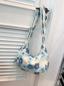 Fashionable Plush Shoulder Crossbody Bag With High Capacity, Multicolor Plush Flower Embroidery, Adjustable Strap - Multicolor - View 7