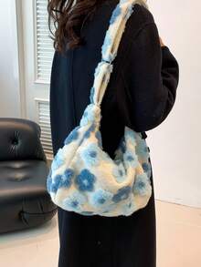 Fashionable Plush Shoulder Crossbody Bag With High Capacity, Multicolor Plush Flower Embroidery, Adjustable Strap - Multicolor - View 4