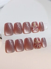 24入組短方形新奇花卉設計假指甲＋1入組果凍式美甲膠水＋1支美甲檔＋指壓式假指甲＋美甲供應品 - 彩色 - 查看 4