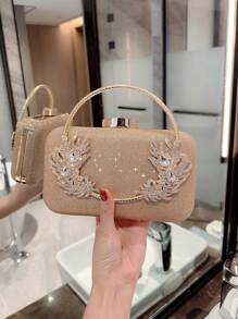 Women's Fashionable Glittering Rhinestone Box Clutch With Round Metal Bracelet Design For Evening Party, Formal Dress, Ball, Prom, Wedding, Handbag - Rose Gold - View 6